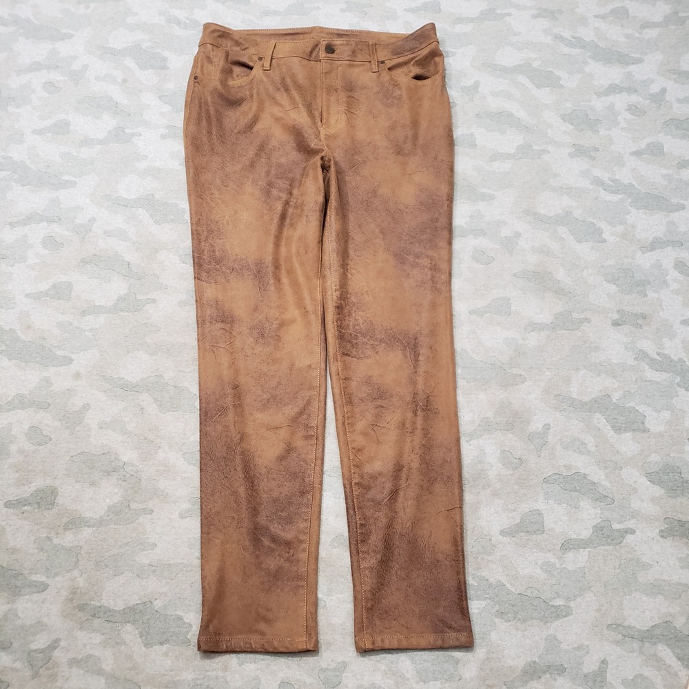 Chicos Faux Suede Pants Womens 10 Brown Straight Leg Stretch Pockets Minimalist